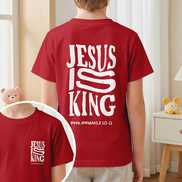 Christianartworkshop „Jesus ist König“ Philipper 2,10-11 Kinder-T-Shirt mit kurzen Ärmeln und auffälligem Aufdruck in abgenutzter, fetter Schrift auf Vorder- und Rückseite - image 55