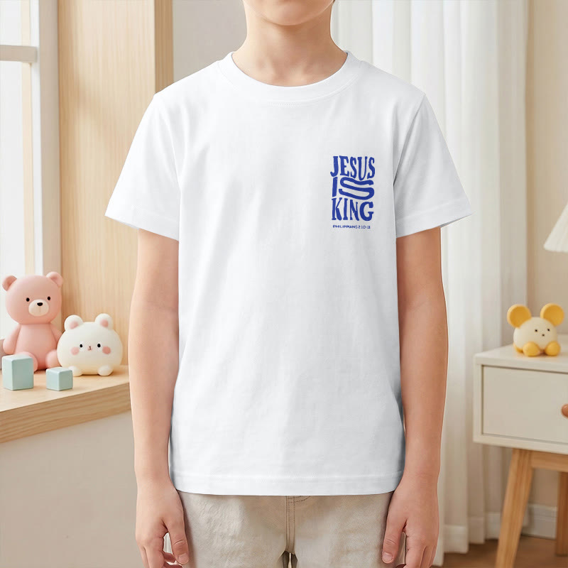 Christianartworkshop „Jesus ist König“ Philipper 2,10-11 Kinder-T-Shirt mit kurzen Ärmeln und auffälligem Aufdruck in abgenutzter, fetter Schrift auf Vorder- und Rückseite - image 13