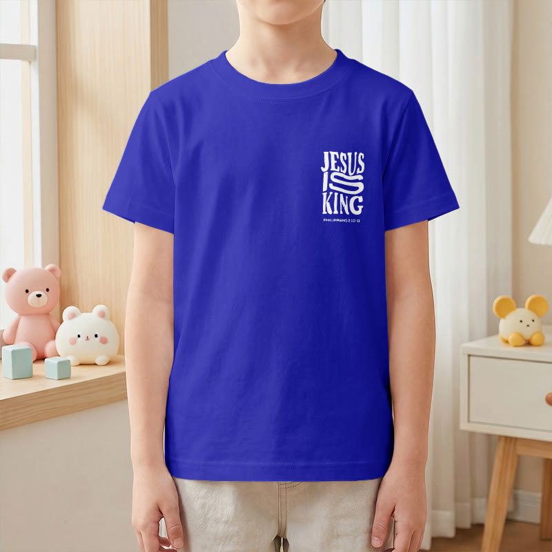 Christianartworkshop „Jesus ist König“ Philipper 2,10-11 Kinder-T-Shirt mit kurzen Ärmeln und auffälligem Aufdruck in abgenutzter, fetter Schrift auf Vorder- und Rückseite - image 85