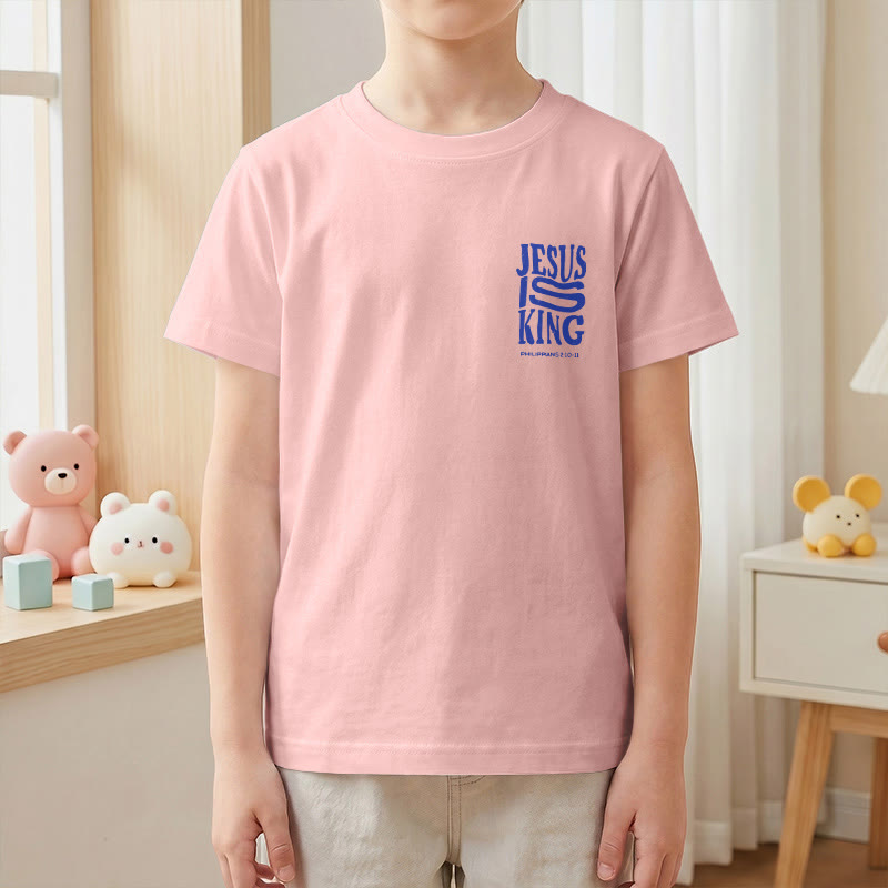 Christianartworkshop „Jesus ist König“ Philipper 2,10-11 Kinder-T-Shirt mit kurzen Ärmeln und auffälligem Aufdruck in abgenutzter, fetter Schrift auf Vorder- und Rückseite - image 67