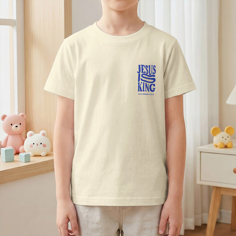 Christianartworkshop „Jesus ist König“ Philipper 2,10-11 Kinder-T-Shirt mit kurzen Ärmeln und auffälligem Aufdruck in abgenutzter, fetter Schrift auf Vorder- und Rückseite - image 4