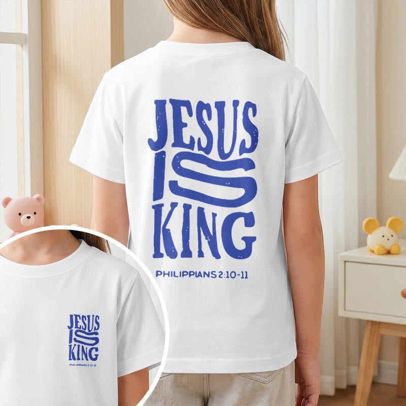 Christianartworkshop „Jesus ist König“ Philipper 2,10-11 Kinder-T-Shirt mit kurzen Ärmeln und auffälligem Aufdruck in abgenutzter, fetter Schrift auf Vorder- und Rückseite - image 11