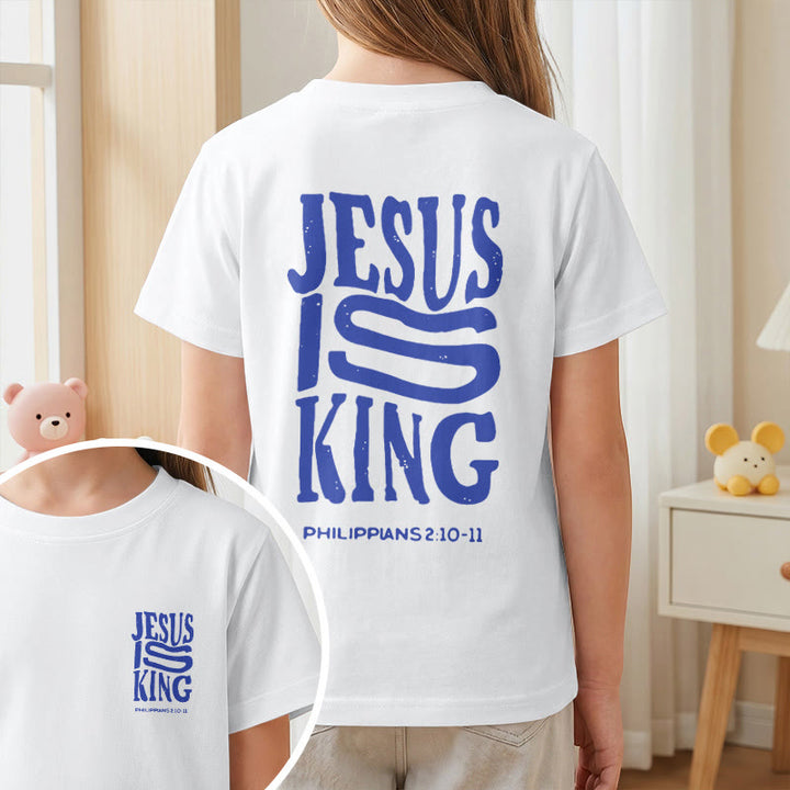 Christianartworkshop „Jesus ist König“ Philipper 2,10-11 Kinder-T-Shirt mit kurzen Ärmeln und auffälligem Aufdruck in abgenutzter, fetter Schrift auf Vorder- und Rückseite - image 11
