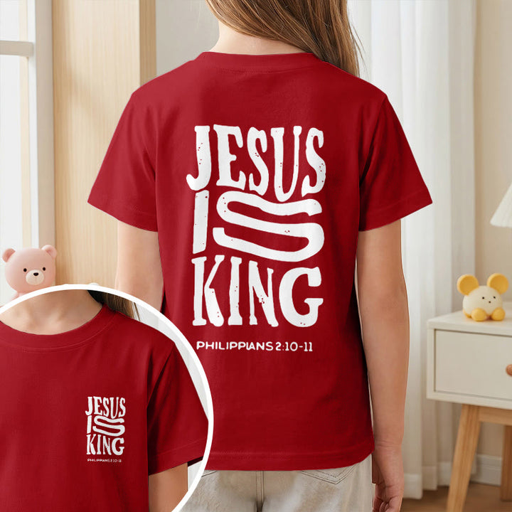 Christianartworkshop „Jesus ist König“ Philipper 2,10-11 Kinder-T-Shirt mit kurzen Ärmeln und auffälligem Aufdruck in abgenutzter, fetter Schrift auf Vorder- und Rückseite - image 56