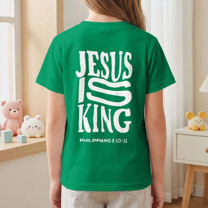 Christianartworkshop „Jesus ist König“ Philipper 2,10-11 Kinder-T-Shirt mit kurzen Ärmeln und auffälligem Aufdruck in abgenutzter, fetter Schrift auf Vorder- und Rückseite - image 80