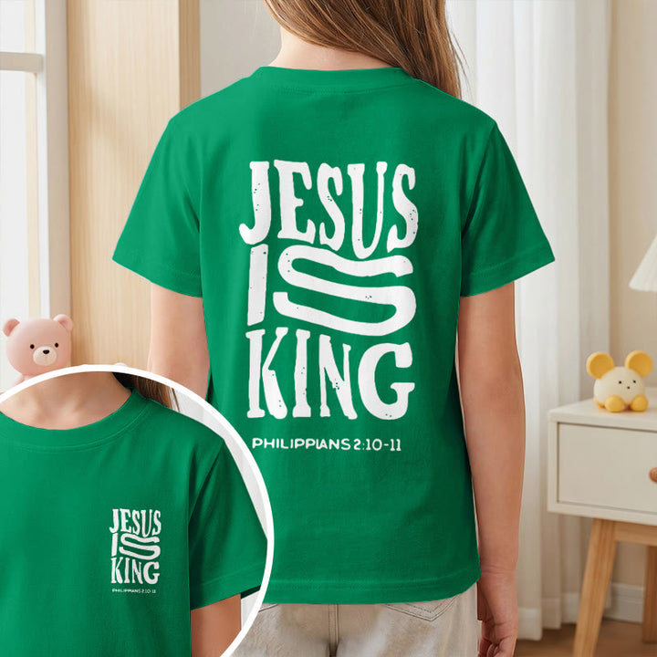 Christianartworkshop „Jesus ist König“ Philipper 2,10-11 Kinder-T-Shirt mit kurzen Ärmeln und auffälligem Aufdruck in abgenutzter, fetter Schrift auf Vorder- und Rückseite - image 74