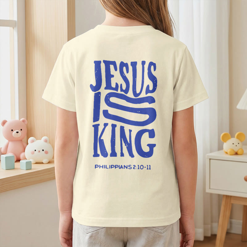 Christianartworkshop „Jesus ist König“ Philipper 2,10-11 Kinder-T-Shirt mit kurzen Ärmeln und auffälligem Aufdruck in abgenutzter, fetter Schrift auf Vorder- und Rückseite - image 8