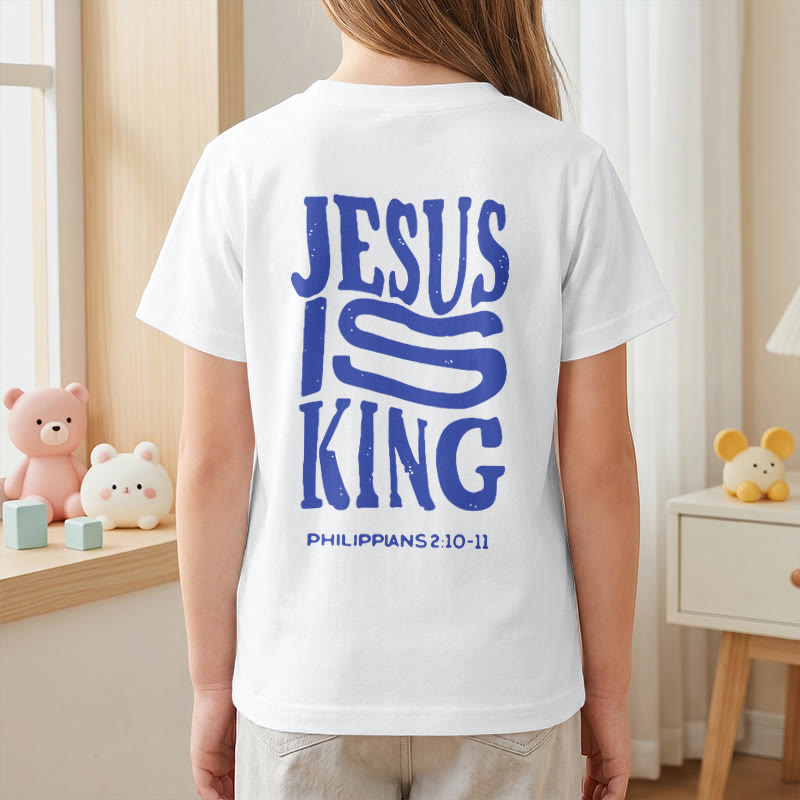 Christianartworkshop „Jesus ist König“ Philipper 2,10-11 Kinder-T-Shirt mit kurzen Ärmeln und auffälligem Aufdruck in abgenutzter, fetter Schrift auf Vorder- und Rückseite - image 17