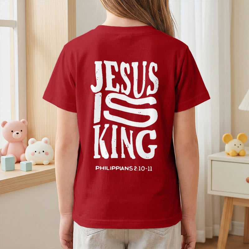 Christianartworkshop „Jesus ist König“ Philipper 2,10-11 Kinder-T-Shirt mit kurzen Ärmeln und auffälligem Aufdruck in abgenutzter, fetter Schrift auf Vorder- und Rückseite - image 62