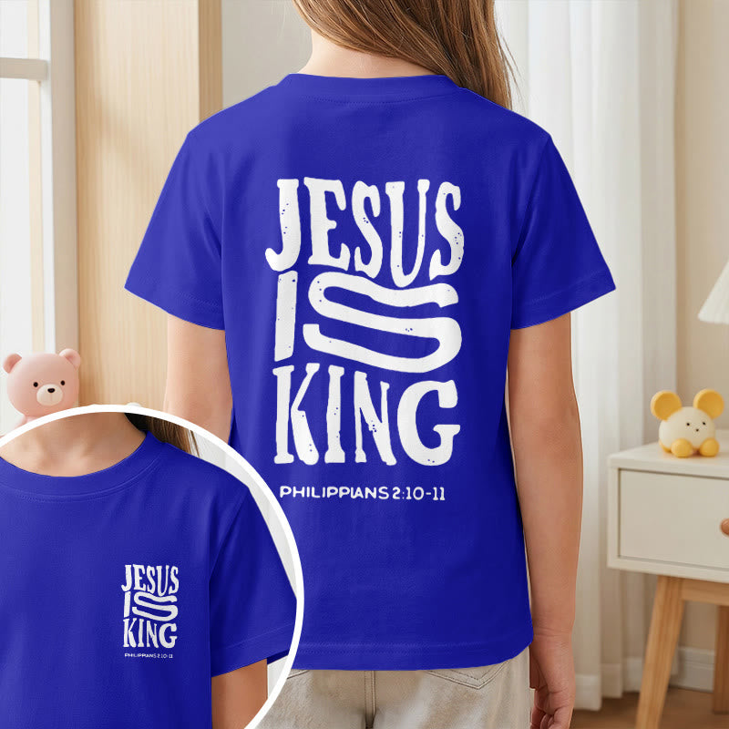 Christianartworkshop „Jesus ist König“ Philipper 2,10-11 Kinder-T-Shirt mit kurzen Ärmeln und auffälligem Aufdruck in abgenutzter, fetter Schrift auf Vorder- und Rückseite - image 83