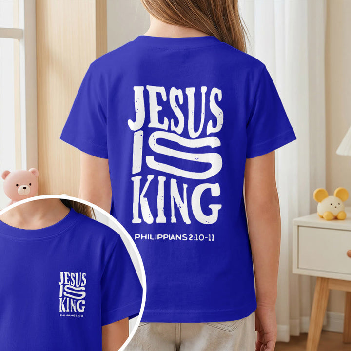 Christianartworkshop „Jesus ist König“ Philipper 2,10-11 Kinder-T-Shirt mit kurzen Ärmeln und auffälligem Aufdruck in abgenutzter, fetter Schrift auf Vorder- und Rückseite - image 83