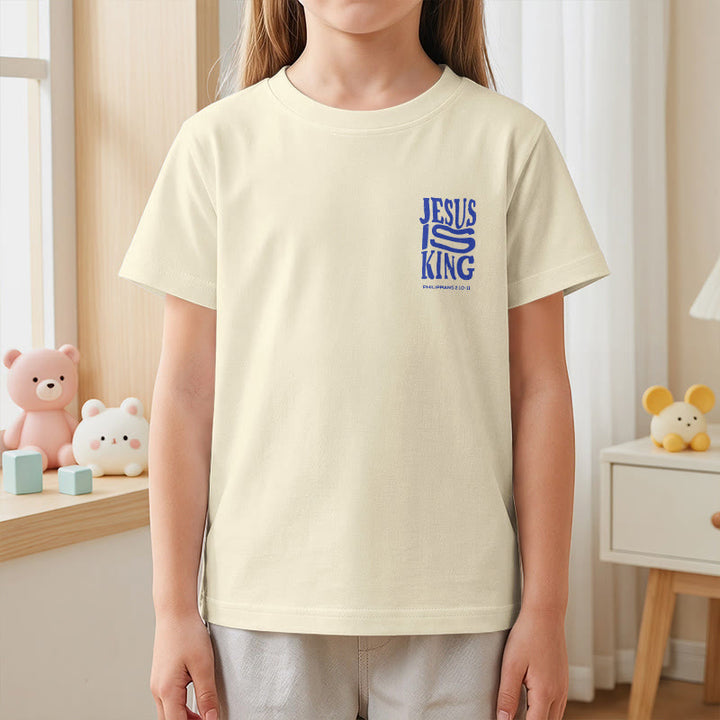 Christianartworkshop „Jesus ist König“ Philipper 2,10-11 Kinder-T-Shirt mit kurzen Ärmeln und auffälligem Aufdruck in abgenutzter, fetter Schrift auf Vorder- und Rückseite - image 5