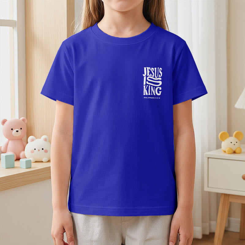 Christianartworkshop „Jesus ist König“ Philipper 2,10-11 Kinder-T-Shirt mit kurzen Ärmeln und auffälligem Aufdruck in abgenutzter, fetter Schrift auf Vorder- und Rückseite - image 86