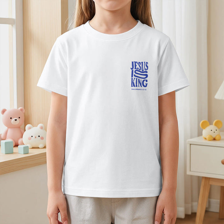 Christianartworkshop „Jesus ist König“ Philipper 2,10-11 Kinder-T-Shirt mit kurzen Ärmeln und auffälligem Aufdruck in abgenutzter, fetter Schrift auf Vorder- und Rückseite - image 14