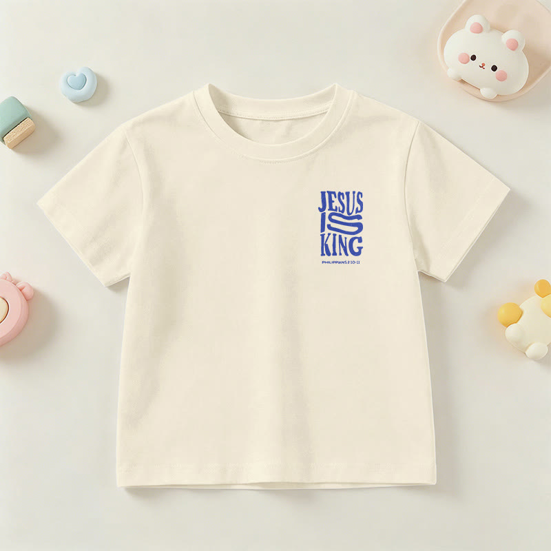 Christianartworkshop „Jesus ist König“ Philipper 2,10-11 Kinder-T-Shirt mit kurzen Ärmeln und auffälligem Aufdruck in abgenutzter, fetter Schrift auf Vorder- und Rückseite - image 3