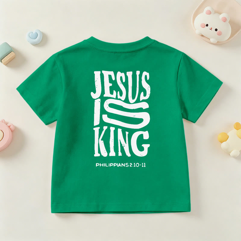Christianartworkshop „Jesus ist König“ Philipper 2,10-11 Kinder-T-Shirt mit kurzen Ärmeln und auffälligem Aufdruck in abgenutzter, fetter Schrift auf Vorder- und Rückseite - image 78
