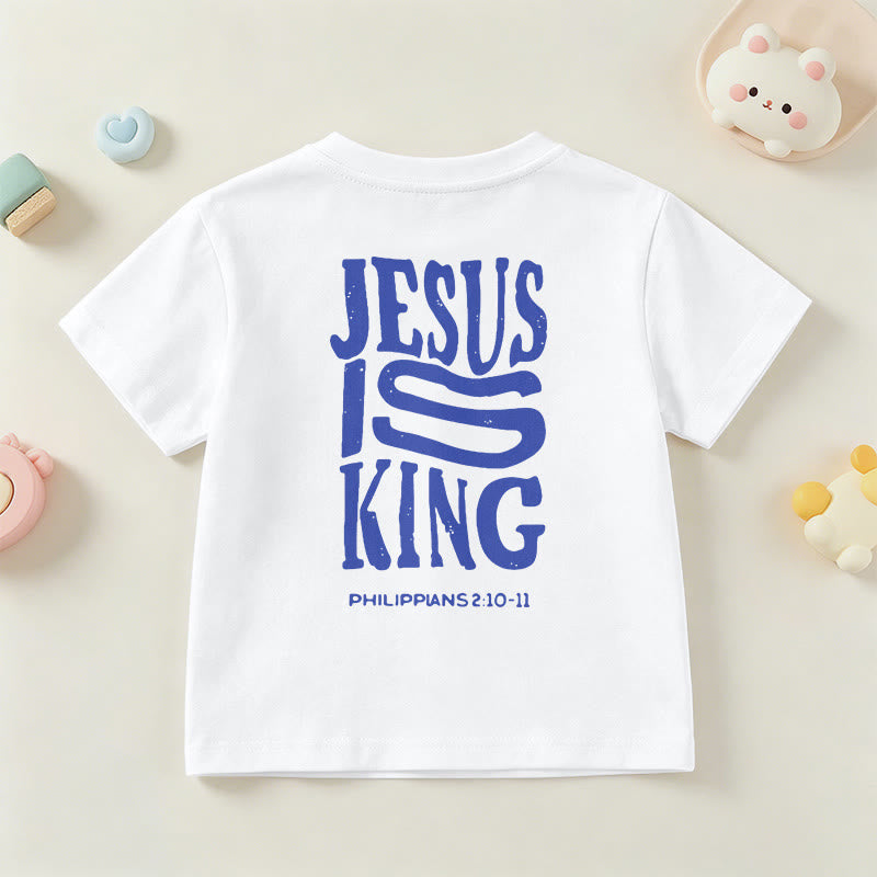 Christianartworkshop „Jesus ist König“ Philipper 2,10-11 Kinder-T-Shirt mit kurzen Ärmeln und auffälligem Aufdruck in abgenutzter, fetter Schrift auf Vorder- und Rückseite - image 15