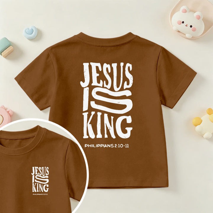 Christianartworkshop „Jesus ist König“ Philipper 2,10-11 Kinder-T-Shirt mit kurzen Ärmeln und auffälligem Aufdruck in abgenutzter, fetter Schrift auf Vorder- und Rückseite - Braun - US/GB/AU 14, EU 170 - image 18