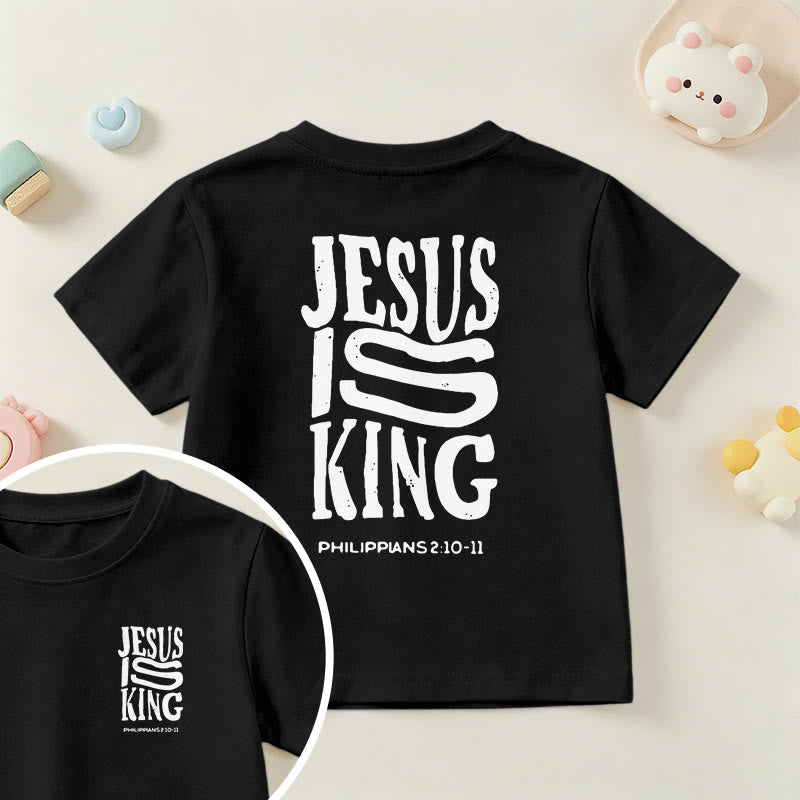 Christianartworkshop „Jesus ist König“ Philipper 2,10-11 Kinder-T-Shirt mit kurzen Ärmeln und auffälligem Aufdruck in abgenutzter, fetter Schrift auf Vorder- und Rückseite - Schwarz - US/GB/AU 14, EU 170 - image 36