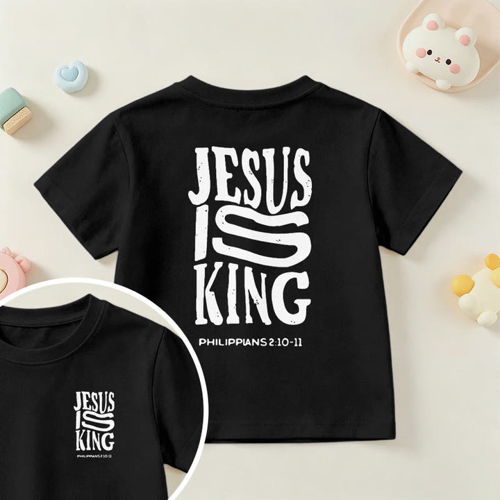 Christianartworkshop „Jesus ist König“ Philipper 2,10-11 Kinder-T-Shirt mit kurzen Ärmeln und auffälligem Aufdruck in abgenutzter, fetter Schrift auf Vorder- und Rückseite - Schwarz - US/GB/AU 14, EU 170 - image 36
