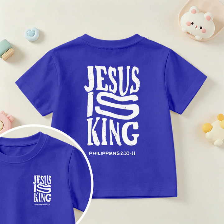 Christianartworkshop „Jesus ist König“ Philipper 2,10-11 Kinder-T-Shirt mit kurzen Ärmeln und auffälligem Aufdruck in abgenutzter, fetter Schrift auf Vorder- und Rückseite - Blau - US/GB/AU 14, EU 170 - image 81