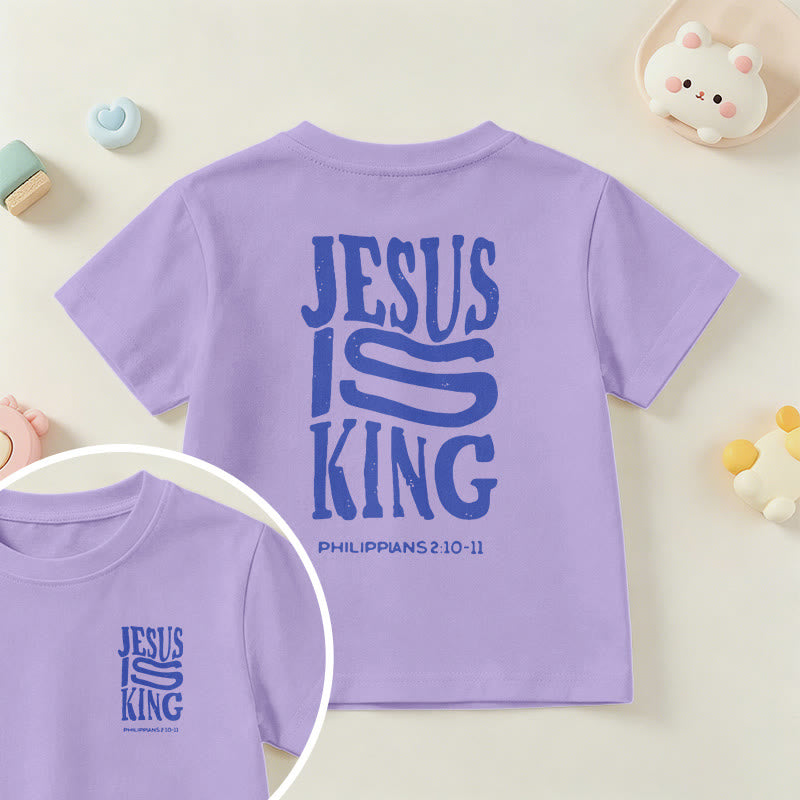 Christianartworkshop „Jesus ist König“ Philipper 2,10-11 Kinder-T-Shirt mit kurzen Ärmeln und auffälligem Aufdruck in abgenutzter, fetter Schrift auf Vorder- und Rückseite - Lila - US/GB/AU 14, EU 170 - image 45