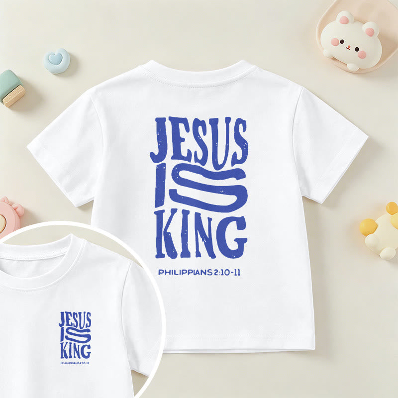 Christianartworkshop „Jesus ist König“ Philipper 2,10-11 Kinder-T-Shirt mit kurzen Ärmeln und auffälligem Aufdruck in abgenutzter, fetter Schrift auf Vorder- und Rückseite - Weiß - US/GB/AU 14, EU 170 - image 9
