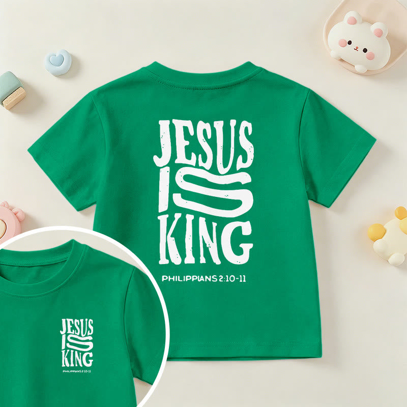 Christianartworkshop „Jesus ist König“ Philipper 2,10-11 Kinder-T-Shirt mit kurzen Ärmeln und auffälligem Aufdruck in abgenutzter, fetter Schrift auf Vorder- und Rückseite - Grün - US/GB/AU 14, EU 170 - image 72