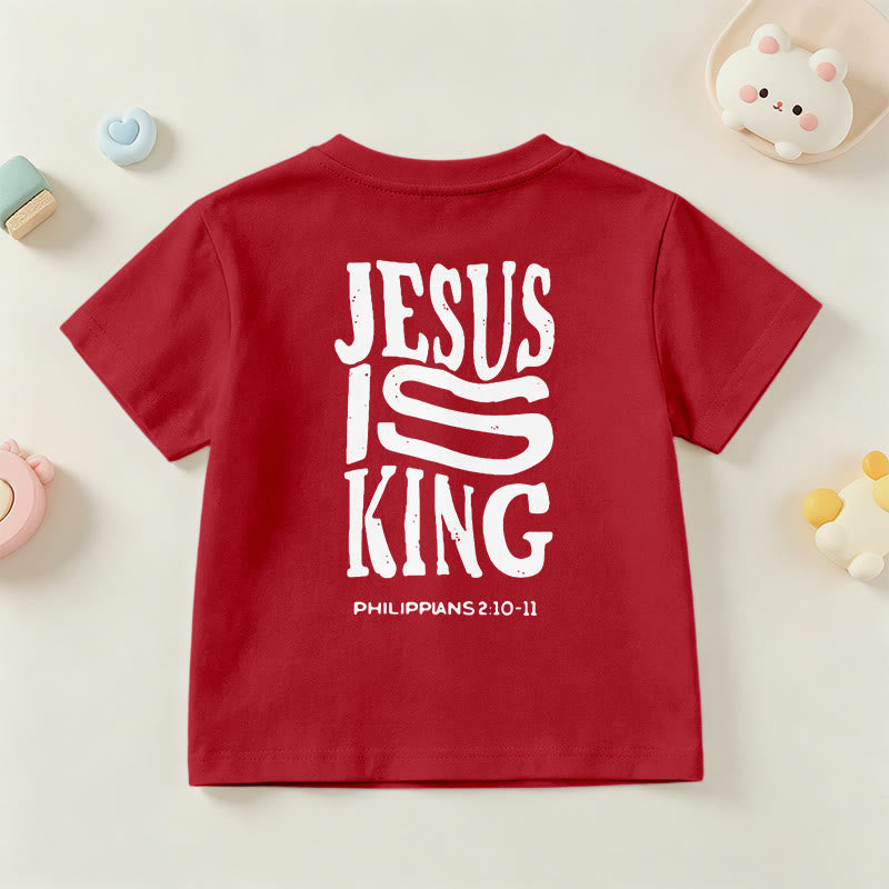 Christianartworkshop „Jesus ist König“ Philipper 2,10-11 Kinder-T-Shirt mit kurzen Ärmeln und auffälligem Aufdruck in abgenutzter, fetter Schrift auf Vorder- und Rückseite - image 60