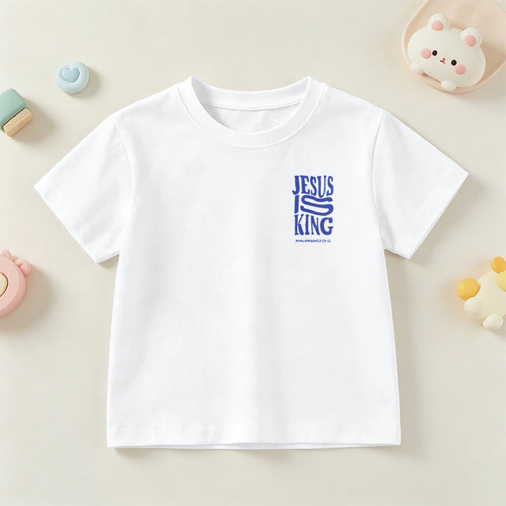 Christianartworkshop „Jesus ist König“ Philipper 2,10-11 Kinder-T-Shirt mit kurzen Ärmeln und auffälligem Aufdruck in abgenutzter, fetter Schrift auf Vorder- und Rückseite - image 12