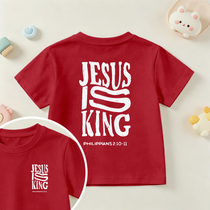 Christianartworkshop „Jesus ist König“ Philipper 2,10-11 Kinder-T-Shirt mit kurzen Ärmeln und auffälligem Aufdruck in abgenutzter, fetter Schrift auf Vorder- und Rückseite - Rot - US/GB/AU 14, EU 170 - image 54