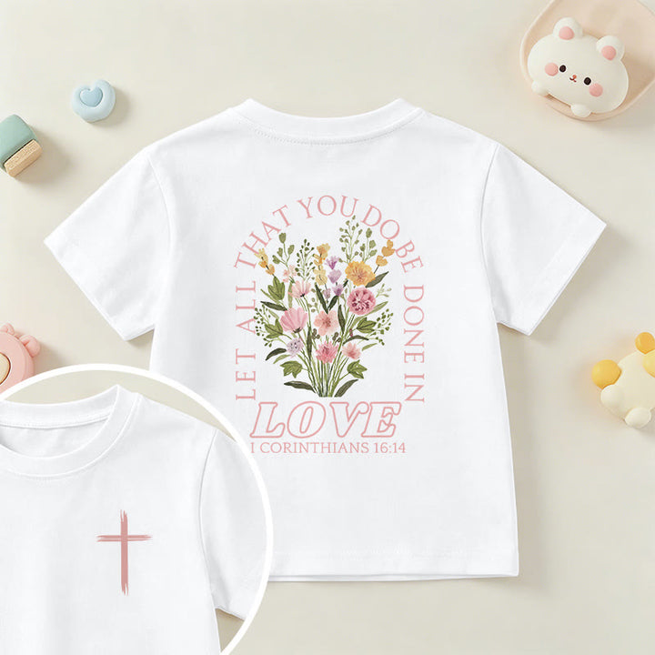 Christianartworkshop Klassisches Kurzarm-T-Shirt mit Blumenmuster und dem Aufdruck „Alles, was ihr tut, geschehe in Liebe“ für Kinder - Weiß - US/GB/AU 14, EU 170 - image 0