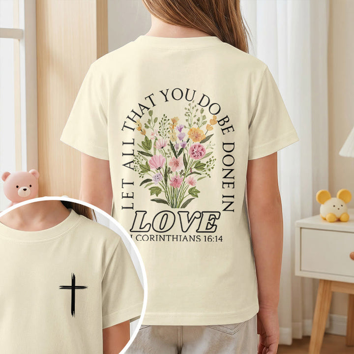 Christianartworkshop Klassisches Kurzarm-T-Shirt mit Blumenmuster und dem Aufdruck „Alles, was ihr tut, geschehe in Liebe“ für Kinder - image 11