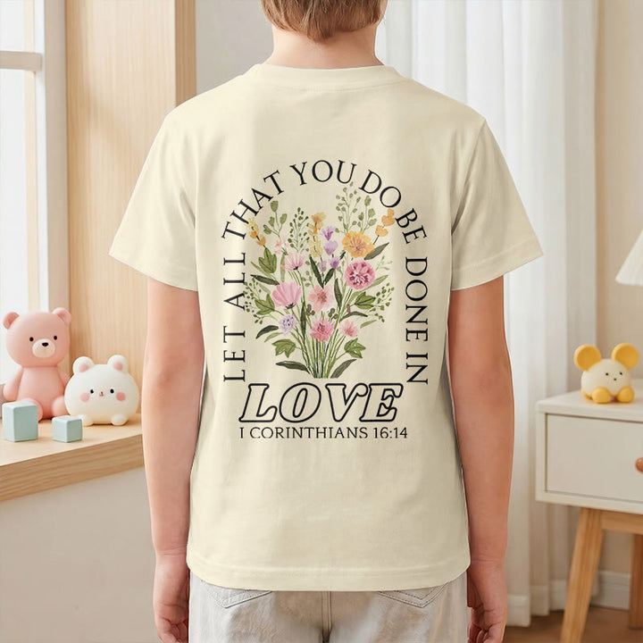 Christianartworkshop Klassisches Kurzarm-T-Shirt mit Blumenmuster und dem Aufdruck „Alles, was ihr tut, geschehe in Liebe“ für Kinder - image 16