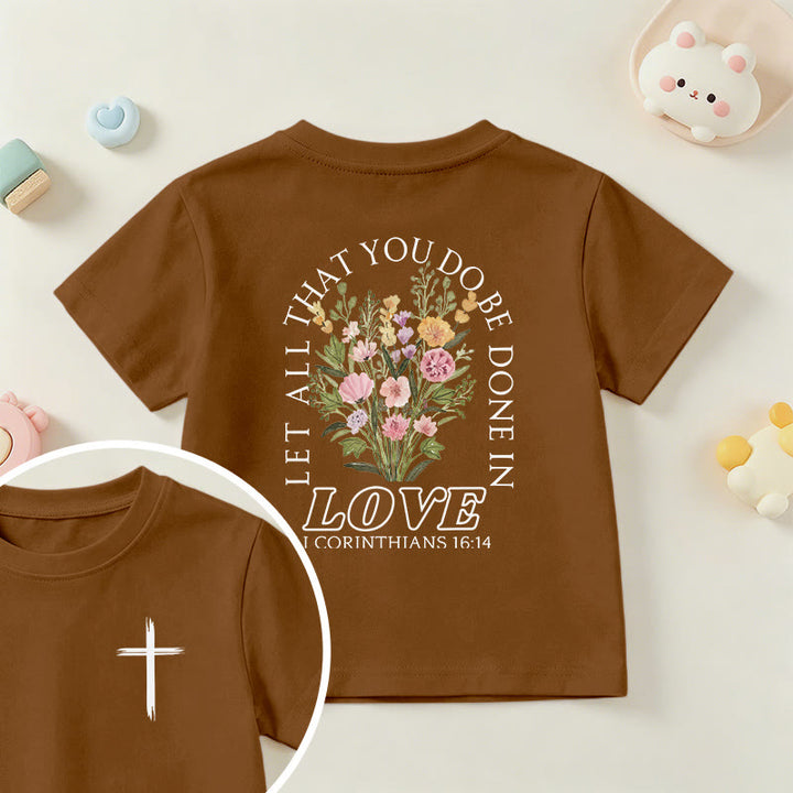 Christianartworkshop Klassisches Kurzarm-T-Shirt mit Blumenmuster und dem Aufdruck „Alles, was ihr tut, geschehe in Liebe“ für Kinder - Braun - US/GB/AU 14, EU 170 - image 18