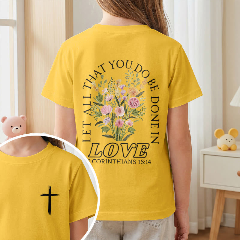 Christianartworkshop Klassisches Kurzarm-T-Shirt mit Blumenmuster und dem Aufdruck „Alles, was ihr tut, geschehe in Liebe“ für Kinder - image 29