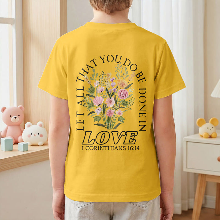 Christianartworkshop Klassisches Kurzarm-T-Shirt mit Blumenmuster und dem Aufdruck „Alles, was ihr tut, geschehe in Liebe“ für Kinder - image 34
