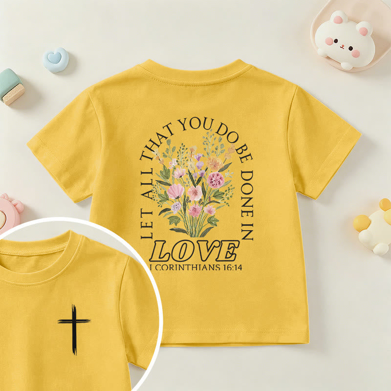 Christianartworkshop Klassisches Kurzarm-T-Shirt mit Blumenmuster und dem Aufdruck „Alles, was ihr tut, geschehe in Liebe“ für Kinder - Gelb - US/GB/AU 14, EU 170 - image 27