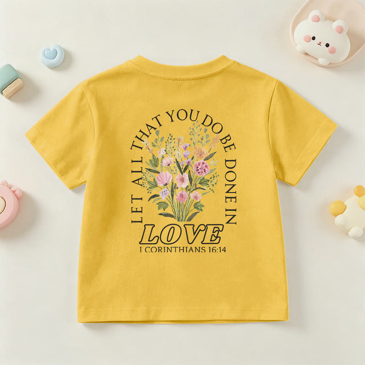 Christianartworkshop Klassisches Kurzarm-T-Shirt mit Blumenmuster und dem Aufdruck „Alles, was ihr tut, geschehe in Liebe“ für Kinder - image 33