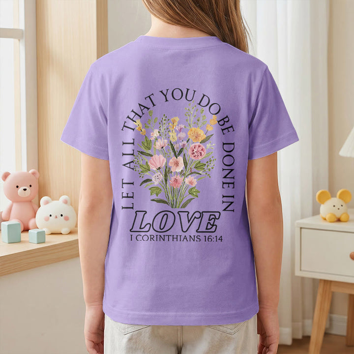 Christianartworkshop Klassisches Kurzarm-T-Shirt mit Blumenmuster und dem Aufdruck „Alles, was ihr tut, geschehe in Liebe“ für Kinder - image 53
