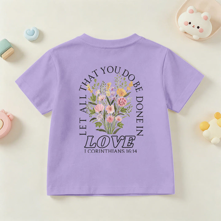 Christianartworkshop Klassisches Kurzarm-T-Shirt mit Blumenmuster und dem Aufdruck „Alles, was ihr tut, geschehe in Liebe“ für Kinder - image 51