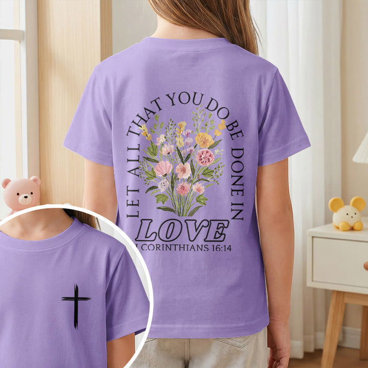Christianartworkshop Klassisches Kurzarm-T-Shirt mit Blumenmuster und dem Aufdruck „Alles, was ihr tut, geschehe in Liebe“ für Kinder - image 47