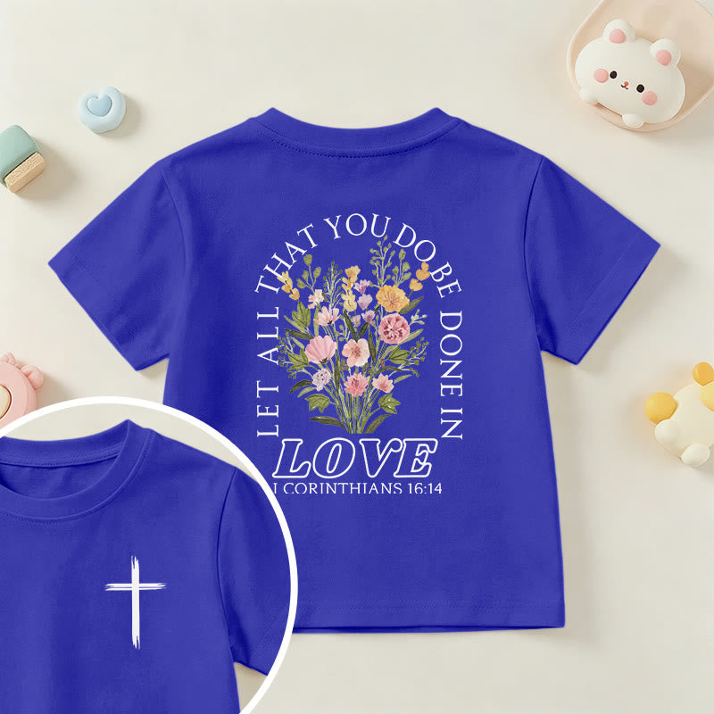 Christianartworkshop Klassisches Kurzarm-T-Shirt mit Blumenmuster und dem Aufdruck „Alles, was ihr tut, geschehe in Liebe“ für Kinder - Blau - US/GB/AU 14, EU 170 - image 81