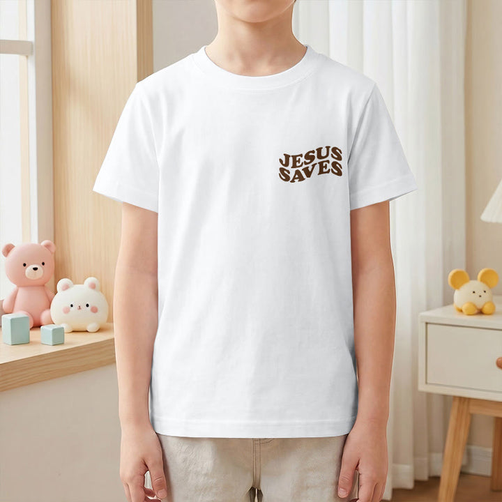 Christianartworkshop Klassisches „Jesus rettet“-T-Shirt mit gestapelter Bubble-Schriftart und Kreuzmotiv für Kinder (Kurzarm). - image 4