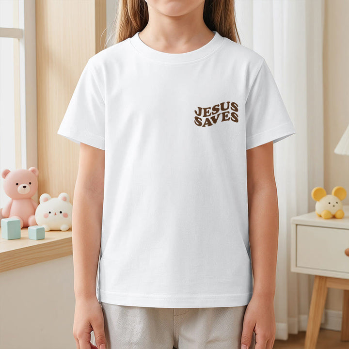 Christianartworkshop Klassisches „Jesus rettet“-T-Shirt mit gestapelter Bubble-Schriftart und Kreuzmotiv für Kinder (Kurzarm). - image 5