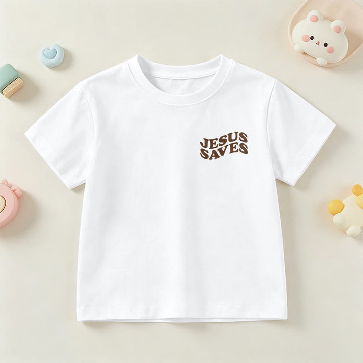 Christianartworkshop Klassisches „Jesus rettet“-T-Shirt mit gestapelter Bubble-Schriftart und Kreuzmotiv für Kinder (Kurzarm). - image 3