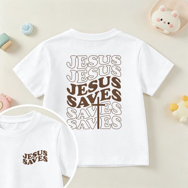 Christianartworkshop Klassisches „Jesus rettet“-T-Shirt mit gestapelter Bubble-Schriftart und Kreuzmotiv für Kinder (Kurzarm). - Weiß - US/GB/AU 14, EU 170 - image 0