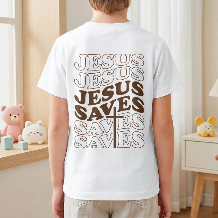 Christianartworkshop Klassisches „Jesus rettet“-T-Shirt mit gestapelter Bubble-Schriftart und Kreuzmotiv für Kinder (Kurzarm). - image 7