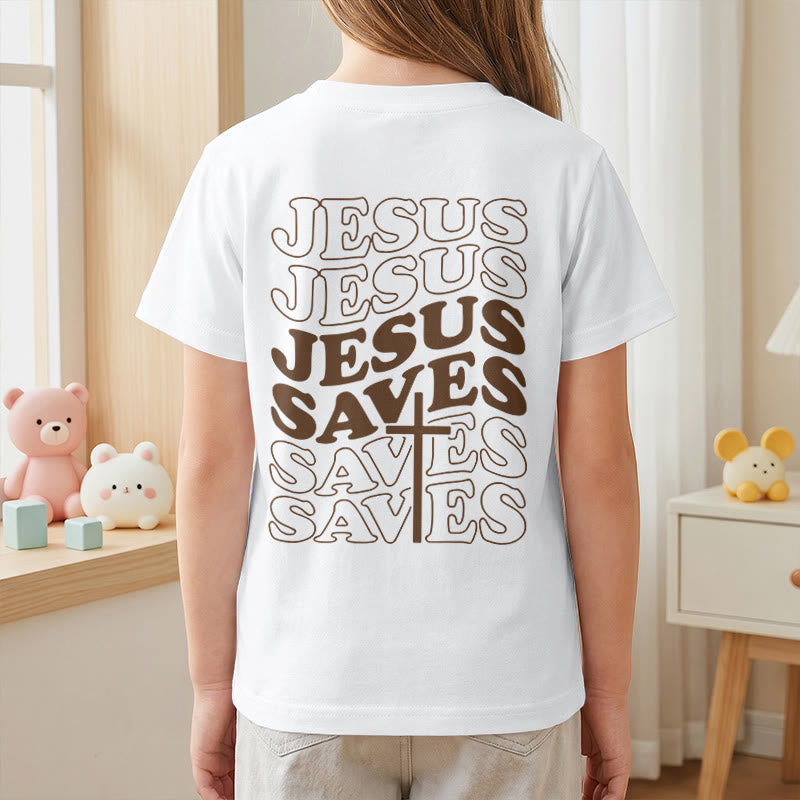Christianartworkshop Klassisches „Jesus rettet“-T-Shirt mit gestapelter Bubble-Schriftart und Kreuzmotiv für Kinder (Kurzarm). - image 8