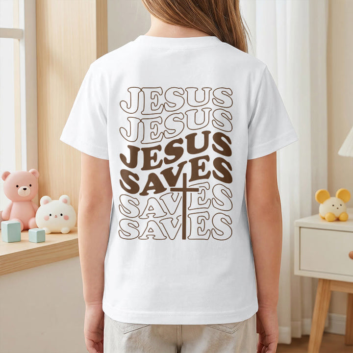 Christianartworkshop Klassisches „Jesus rettet“-T-Shirt mit gestapelter Bubble-Schriftart und Kreuzmotiv für Kinder (Kurzarm). - image 8